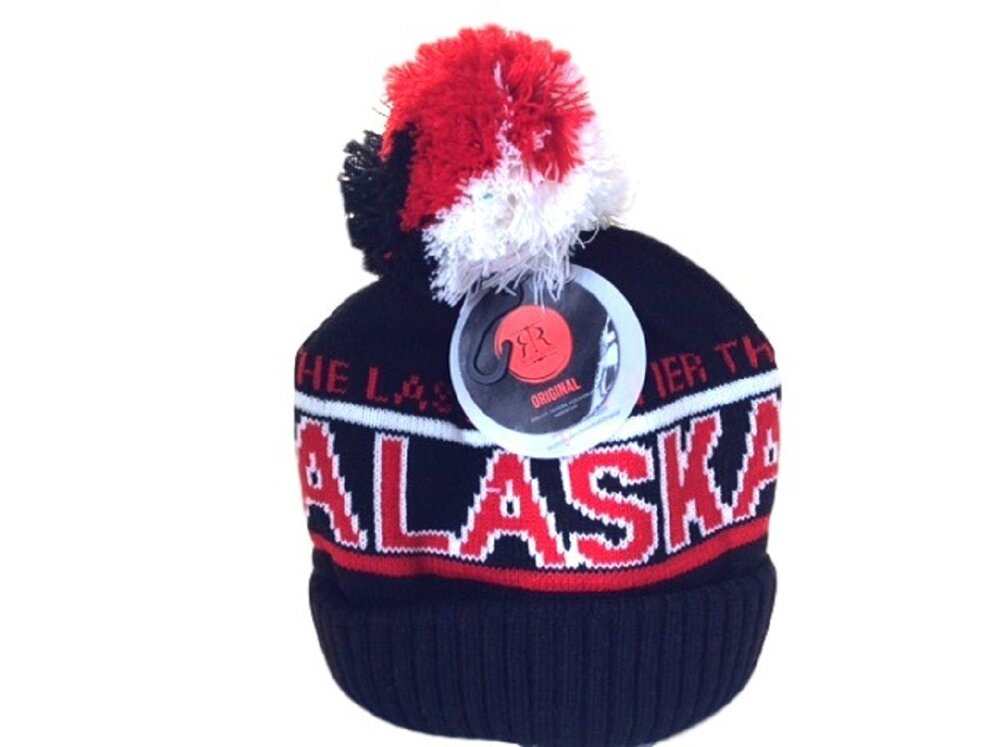 7948 Alaska Beanie Hat Heavy Quality Black Red White Pom Pom